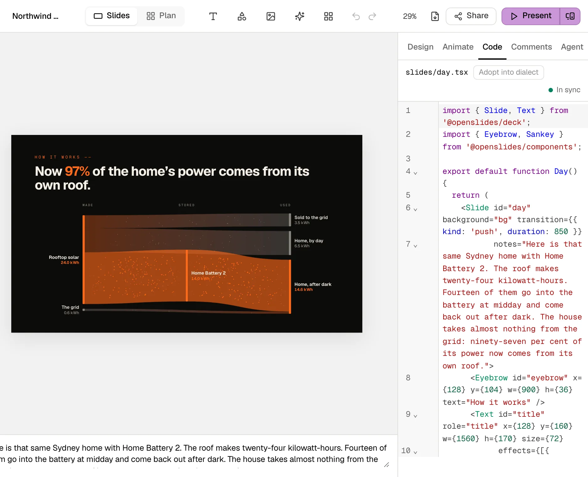 The Code tab beside the canvas: slides/day.tsx with the Slide, Eyebrow, Text and Sankey elements of the power-flow slide.