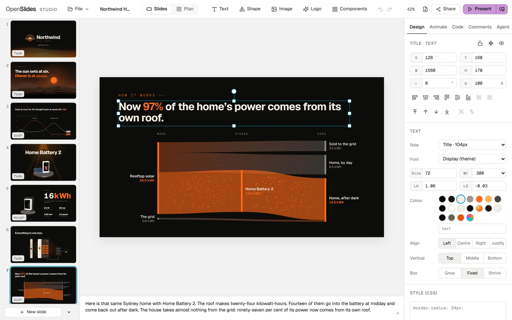 The OpenSlides studio with the Northwind launch keynote open: slide 7's title selected with its handles above a power-flow diagram, the slide list on the left and the design inspector on the right.
