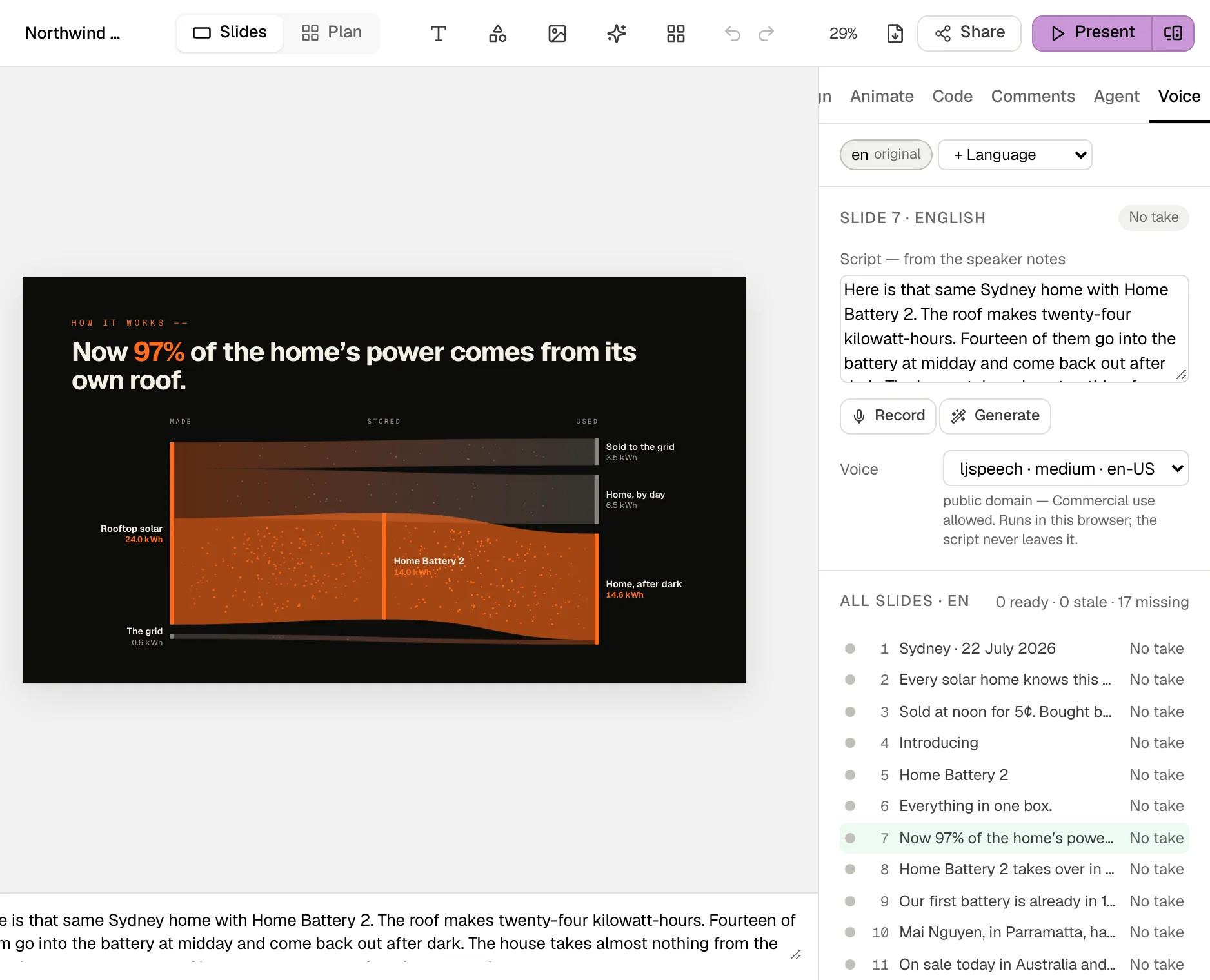 The studio's Voice tab on slide 7: the script taken from the speaker notes, Record and Generate buttons, a browser voice selected, and every slide's take listed below.